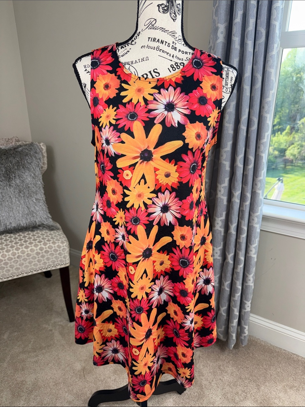 Yelete Floral A-Line Dress in Black with Orange & Pink Blooms